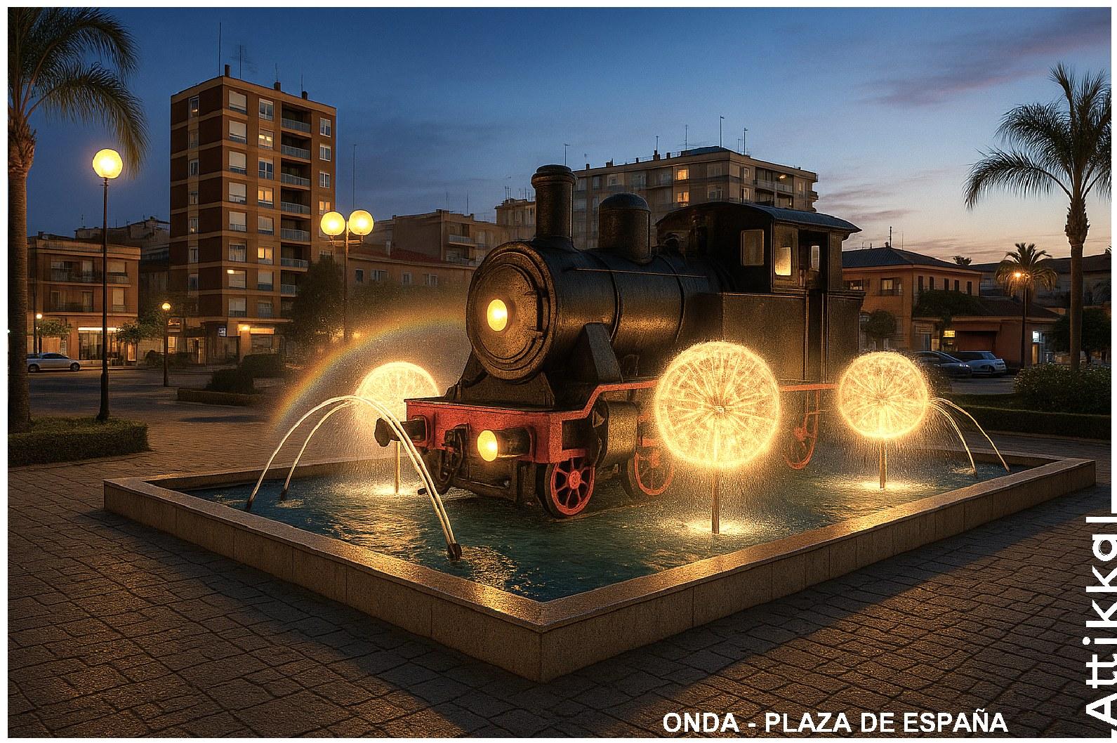 Visualización nocturna de la propuesta de fuente ornamental en Plaza España de Onda